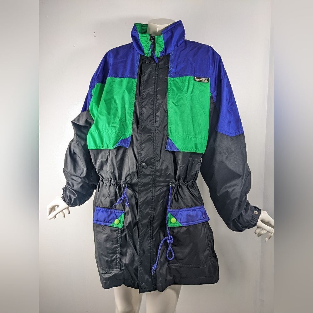 Vintage ski jacket, windbreaker spring breaker 80s 90s black green blue KARHU- M
